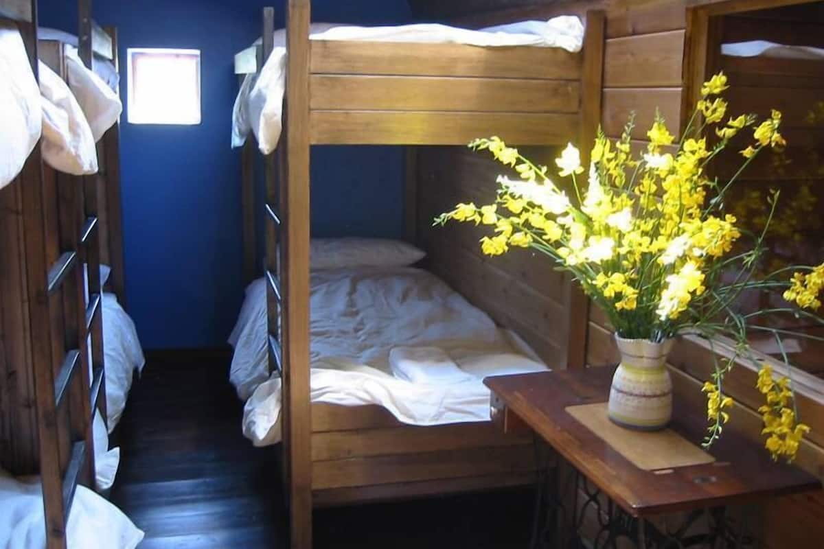 Une chambre avec un lit superposé et une fenêtre, une table en bois ornée d’un vase de fleurs jaunes, et une machine à coudre.