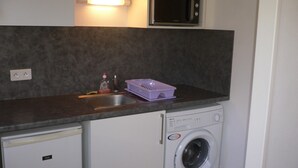 Une cuisine compacte équipée d’un lave-linge, d’un four à micro-ondes et d’un évier.
