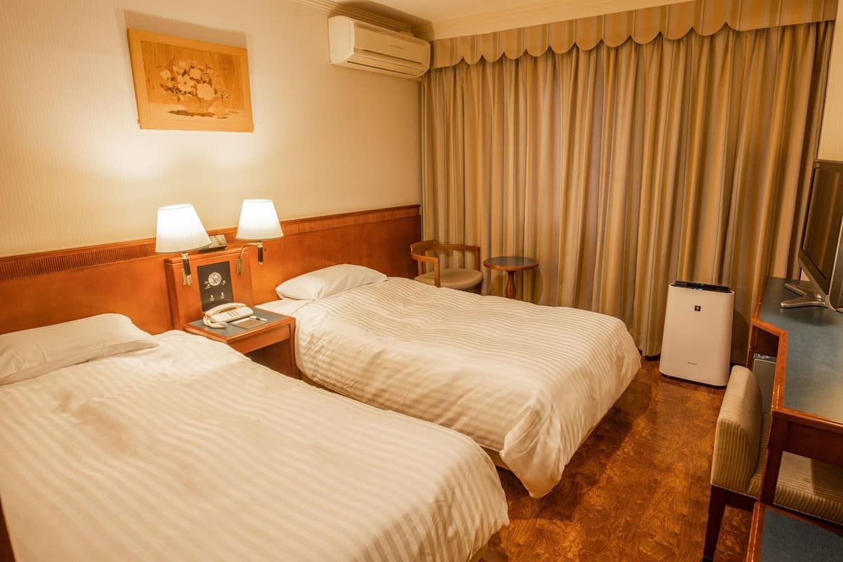 Een hotelkamer met twee bedden, een bureau, een stoel, een televisie, een airconditioning en een schilderij aan de muur.