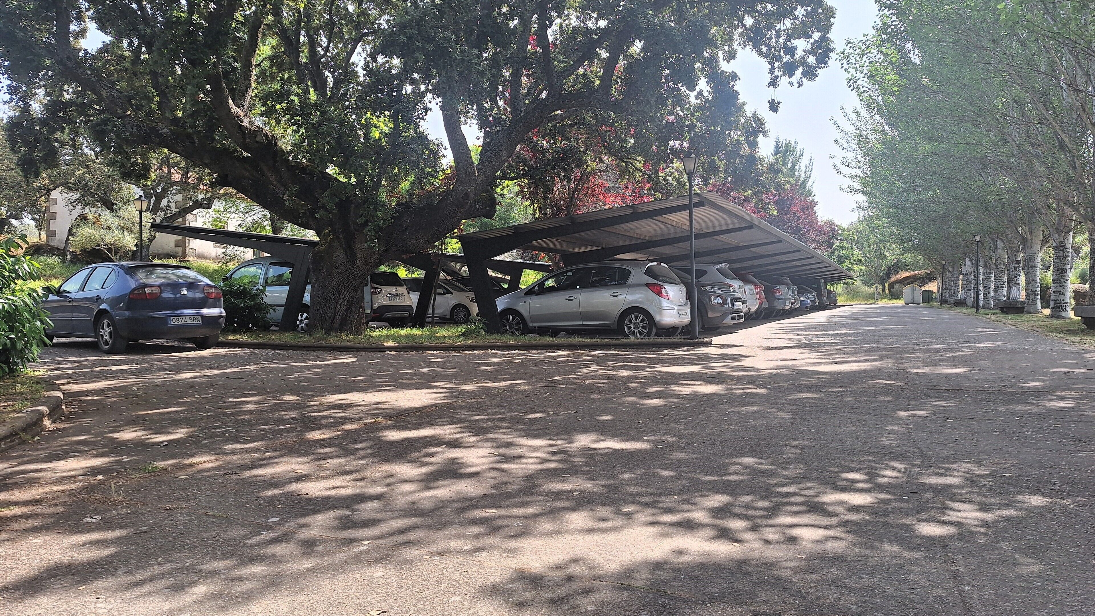 A parking area with cars under a covered structure, surrounded by trees.