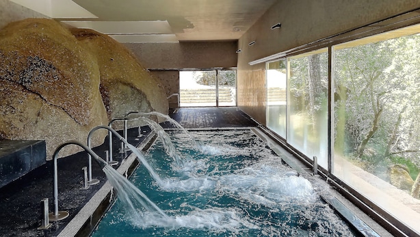 Zona de spa con hidromasaje, pared de piedra y vistas a árboles a través de amplias ventanas.