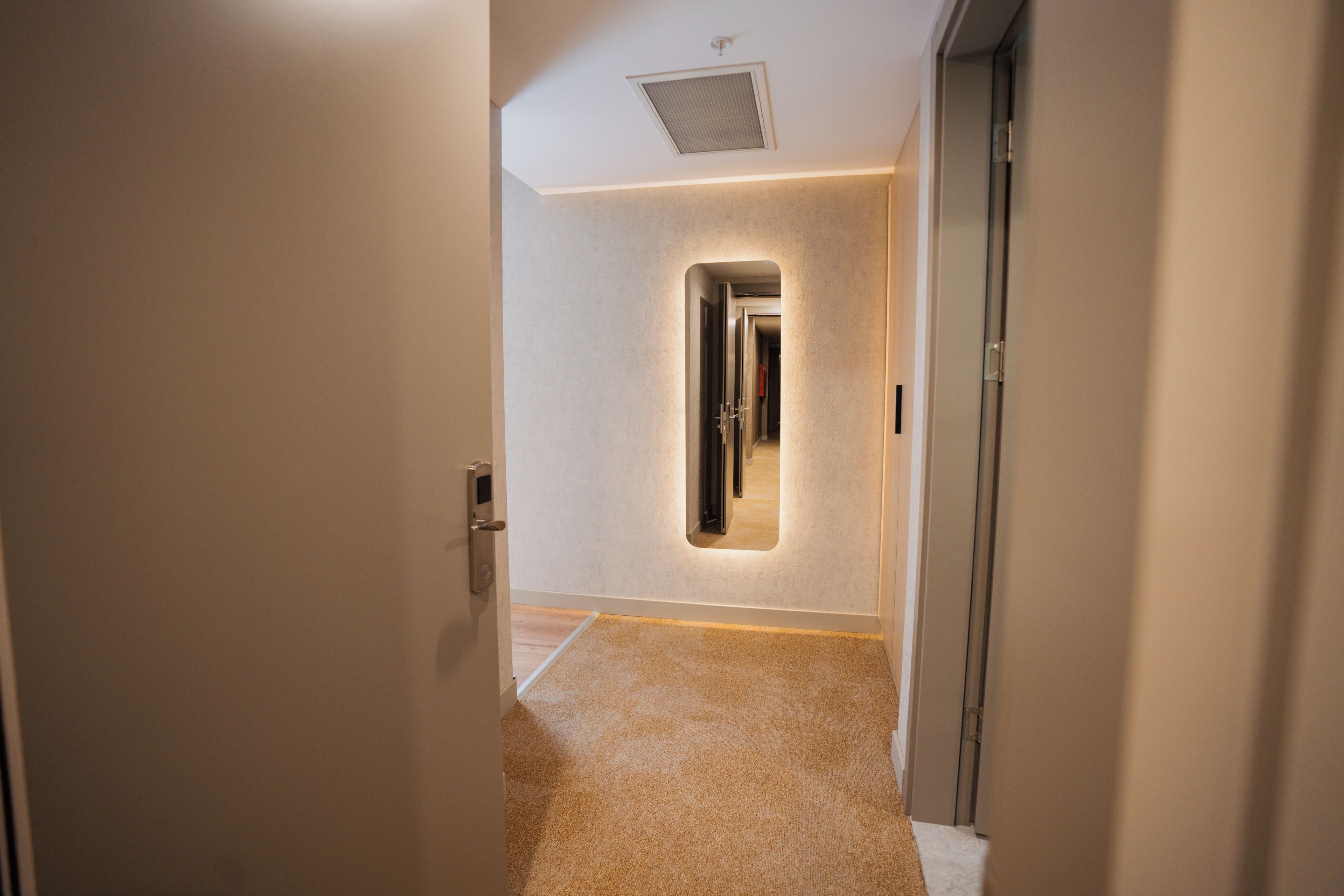 A hallway with a carpeted floor, a door on the left, and a mirror on the wall.
