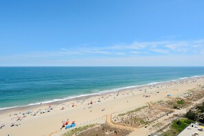 Une plage avec un rivage sablonneux, un ciel bleu clair et une mer calme.