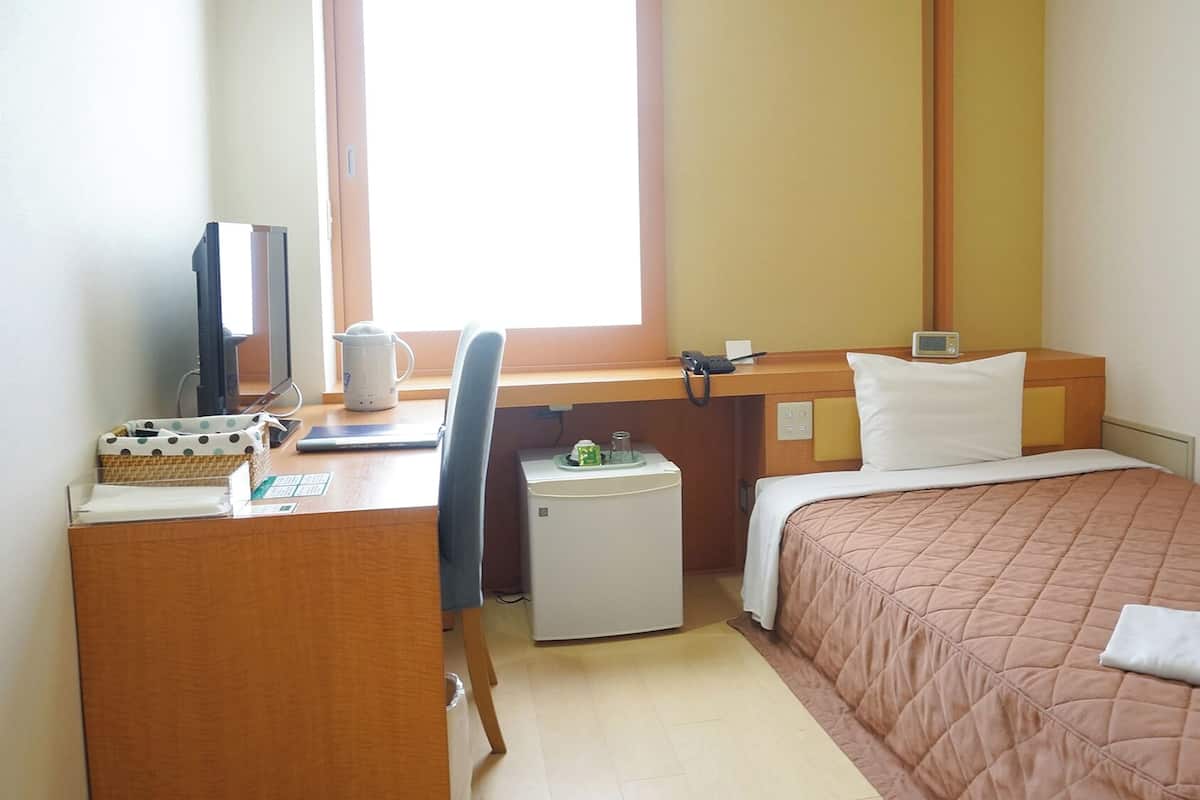 A hotel room with a desk, a bed, a small refrigerator, a chair, and a window.