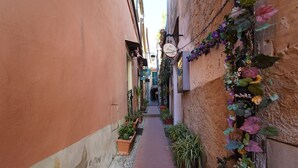 A narrow alley with a red brick path, flanked by buildings with terracotta walls and hanging flower baskets. - Le Notti Mediterranee (Cervo)