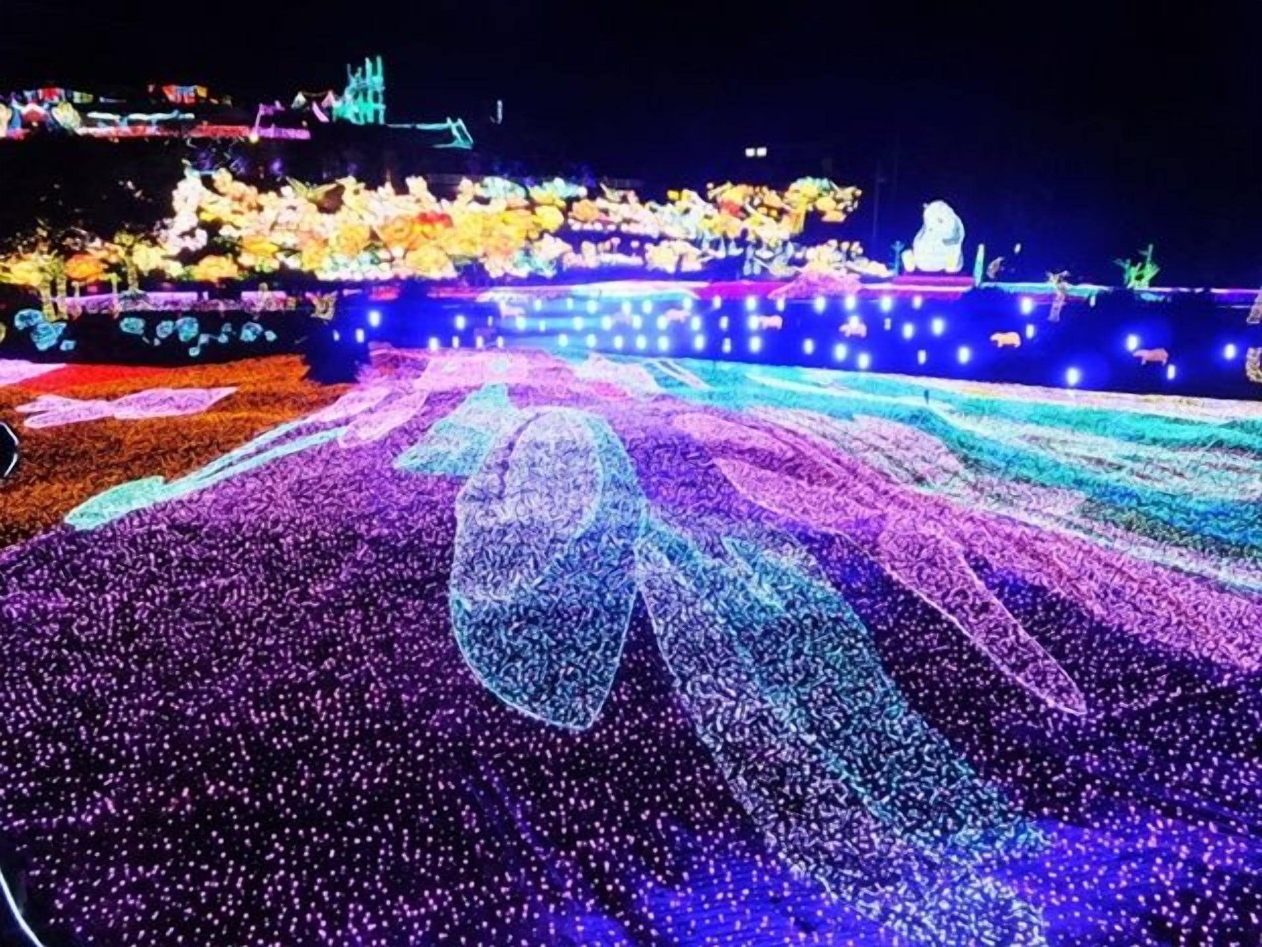 Una àrea exterior espaiosa amb una multitud de persones i una estructura il·luminada destacada.