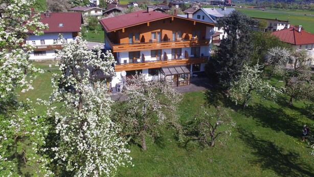 Ein mehrstöckiges Chalet mit Balkonen, umgeben von blühenden Bäumen und einer Bergkulisse.