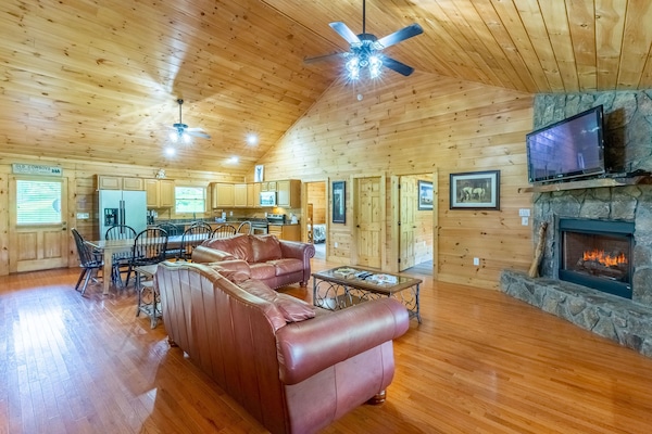 Living Room and Kitchen - Living area with gas fireplace and full kitchen