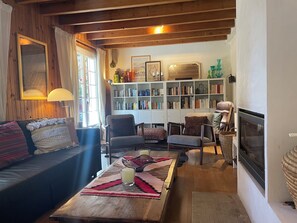 TV connectée, cheminée, lecteur de DVD, livres