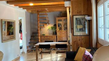 TV connectée, cheminée, lecteur de DVD, livres