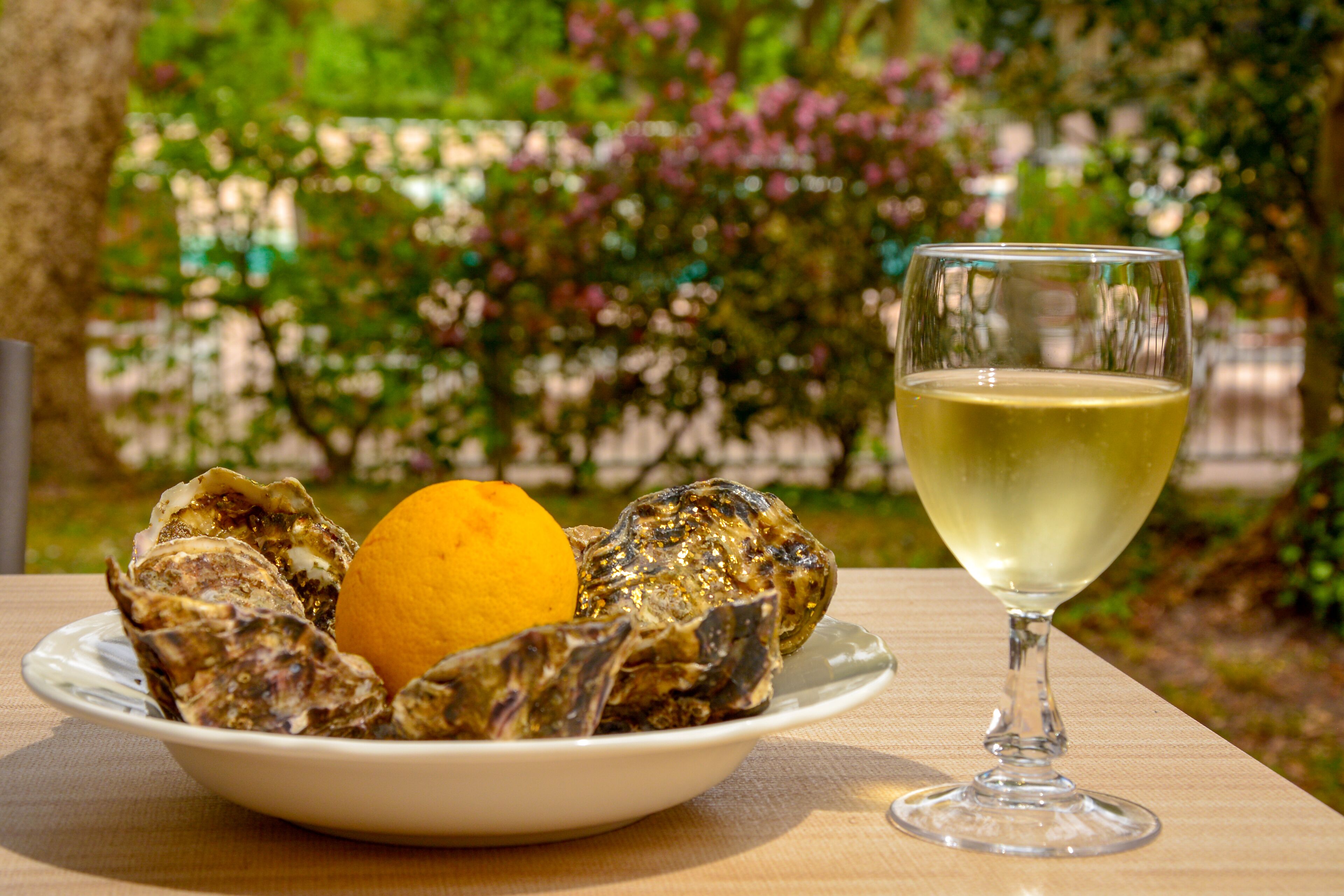 A plate of oysters with a lemon wedge and a glass of white wine on a table.
