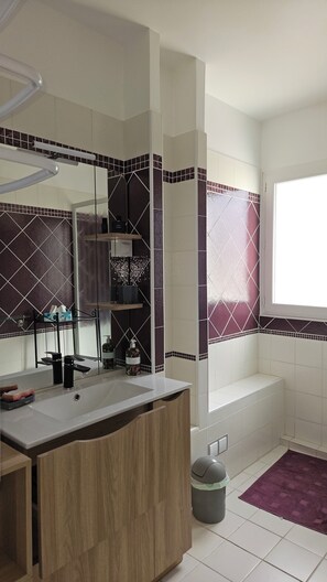 Regadera, secadora de cabello, papel de baño 