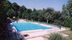 Una piscina rettangolare con trampolino e piccolo scivolo d'acqua.