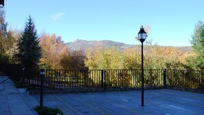 Un'area esterna pavimentata con recinzione in metallo, un lampione e alberi con foglie autunnali.