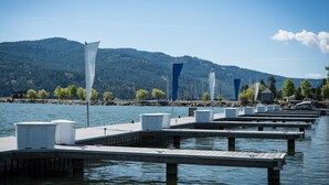 A marina with docks extending into calm water, surrounded by a forested hillside. - A Scenic Canvas, Lakefront - Seasons at Sandpoint (Sandpoint)