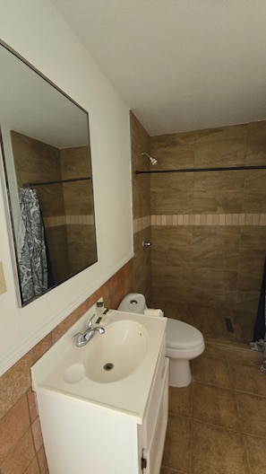 A bathroom with a sink, mirror, toilet, and shower.