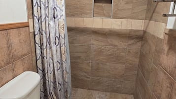 Ducha, toallas, shampoo, papel higiénico