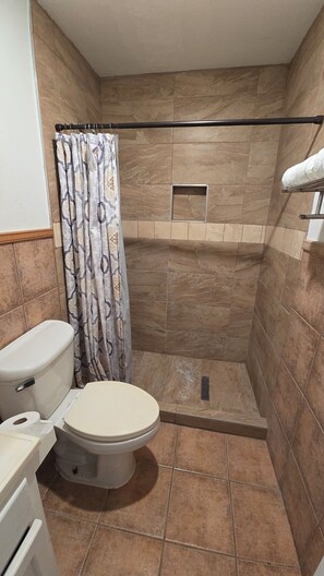 Dusche, Handtücher, Shampoo, Toilettenpapier