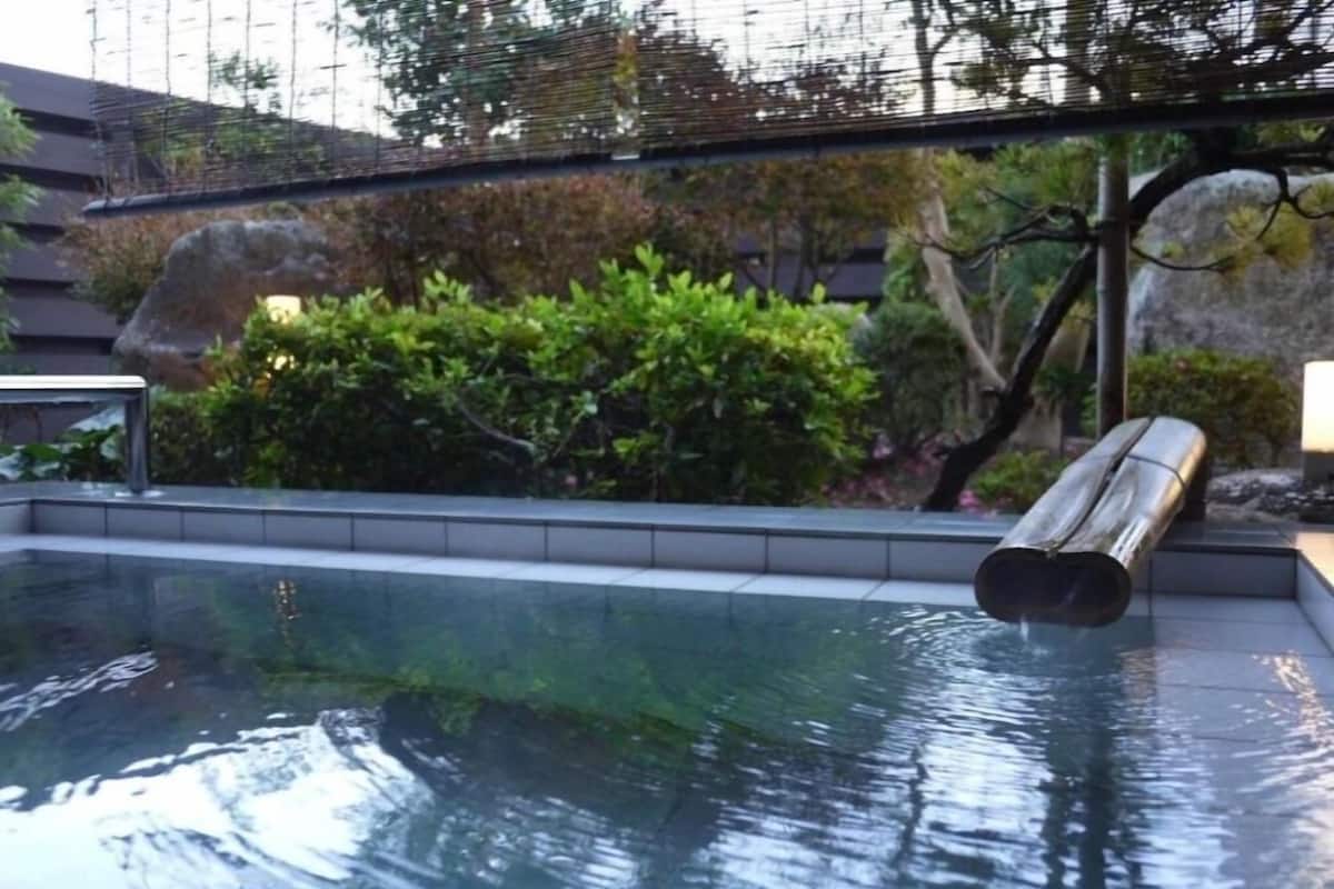 Une piscine agrémentée d’une cascade, entourée de verdure et de rochers.