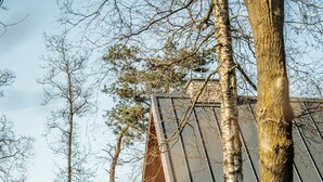 A modern building with a sloped roof, surrounded by trees and greenery. - Bergvliet Villa's (Oosterhout)