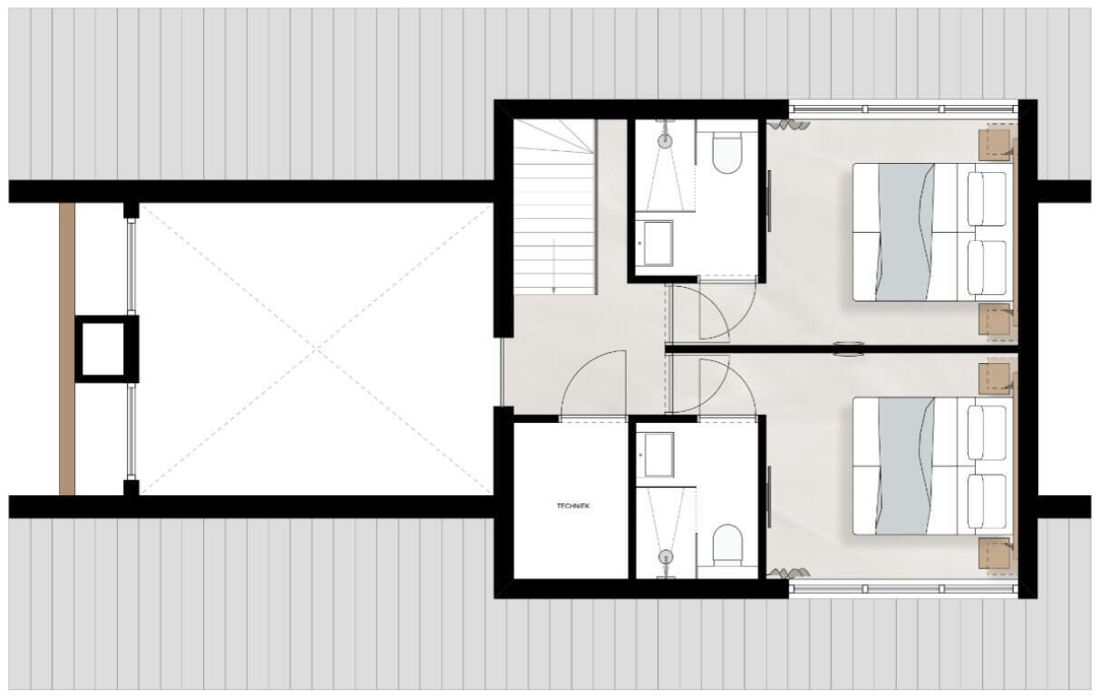 A floor plan of a hotel with two bedrooms, a bathroom, a kitchen, and a living area.