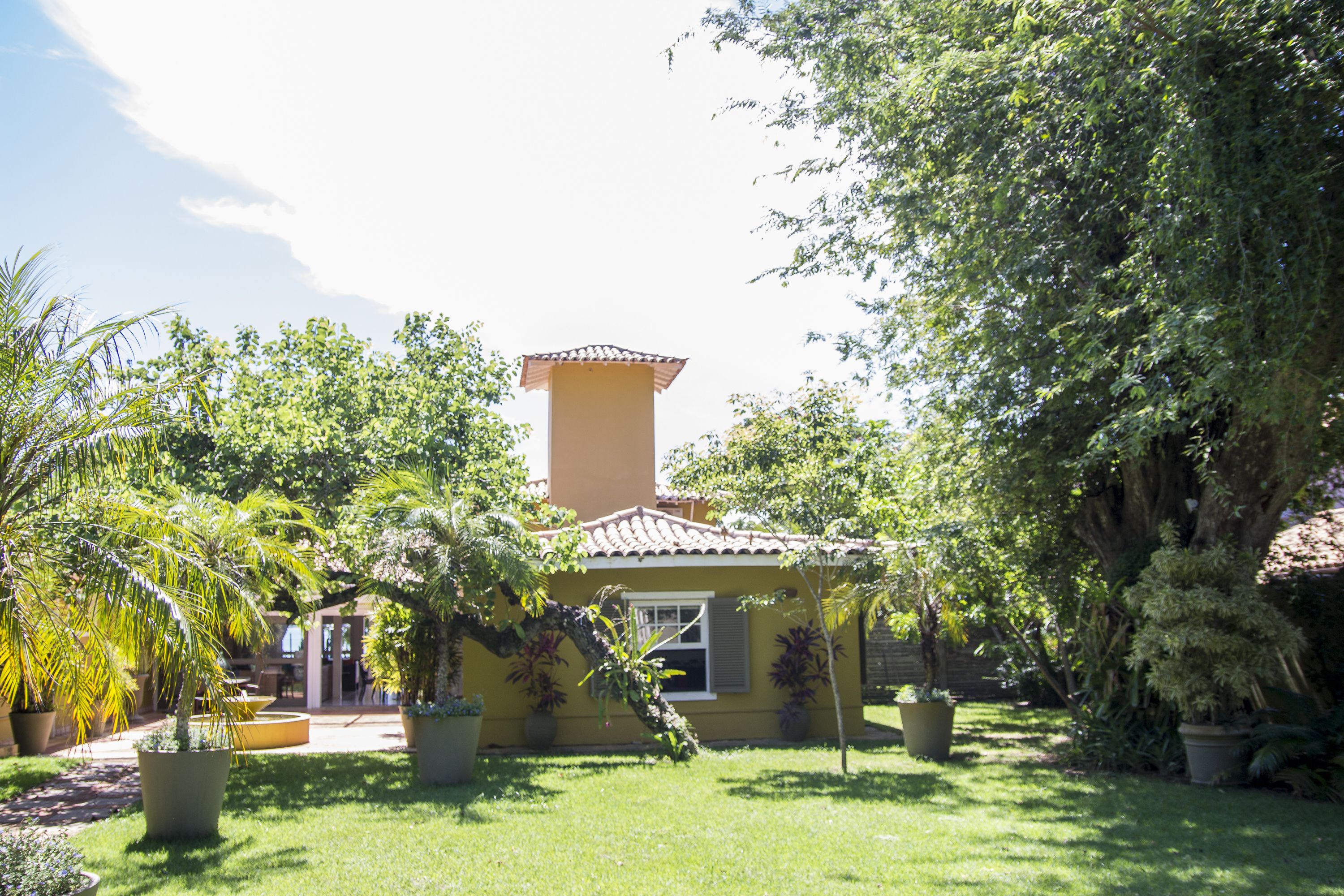Una casa amarilla con techo de tejas, rodeada de macetas con plantas y un césped bien cuidado.