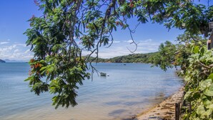 A beach with clear water, a sandy shore, and lush greenery. -  Villa Manguinhos (Búzios)