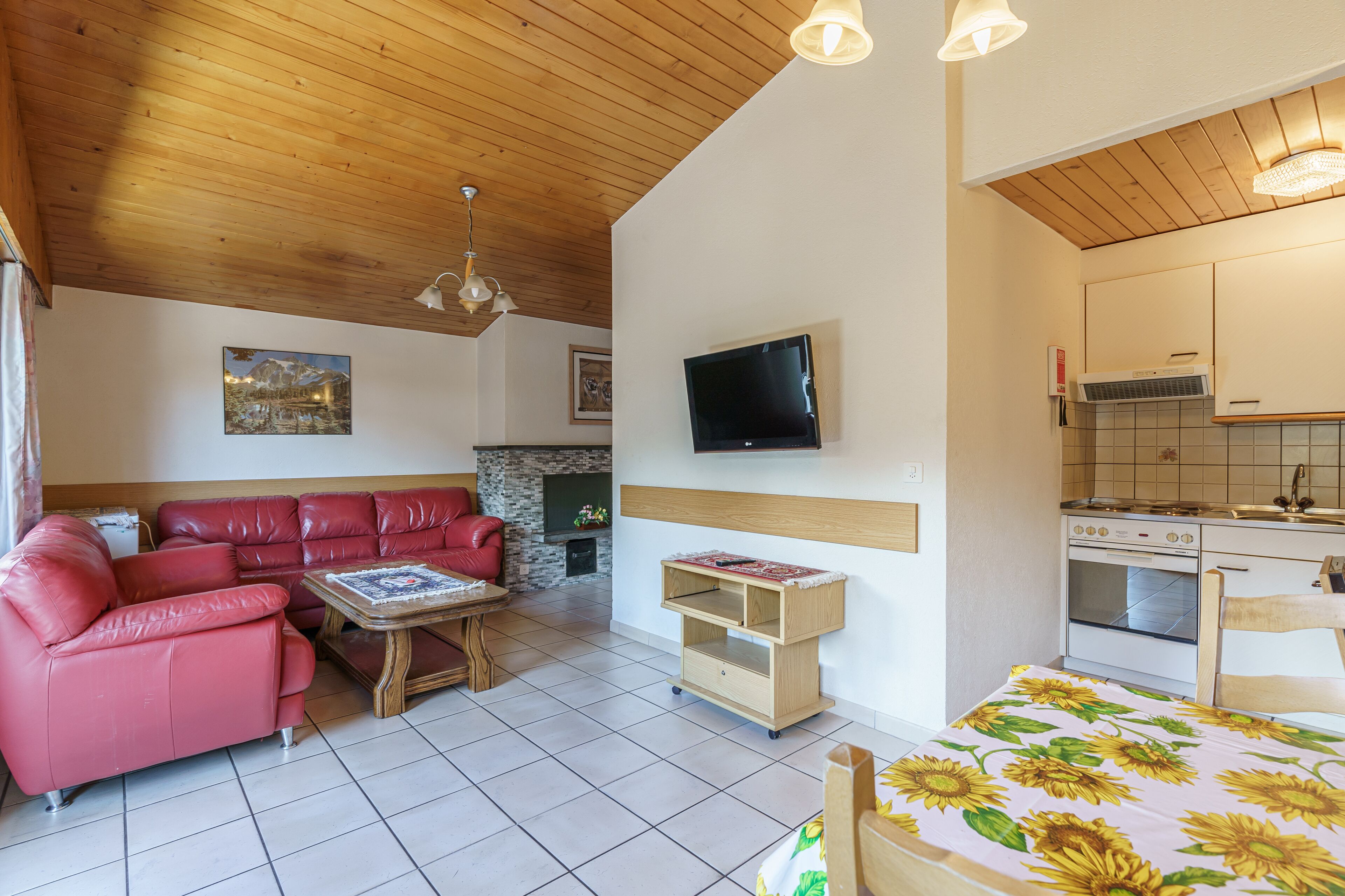 Un salon avec un canapé en cuir rouge, une table basse en bois et une cheminée. Un téléviseur est fixé au mur, et il y a un coin cuisine équipé d’un four et d’un four à micro-ondes.