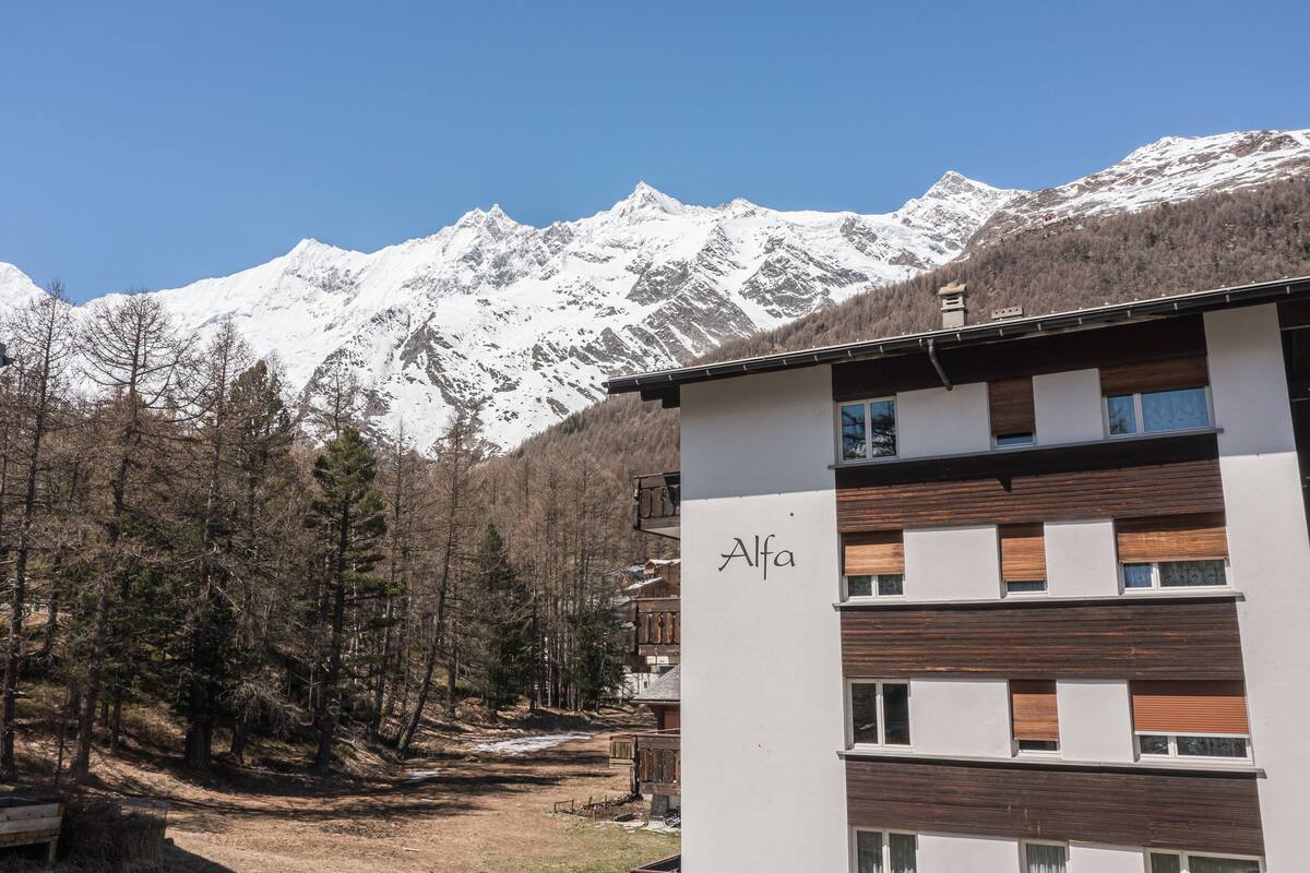 Um edifício moderno com o nome 'Alfa' na fachada, rodeado por uma floresta e montanhas cobertas de neve ao fundo.