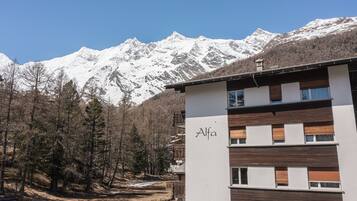 Un bâtiment moderne dont la façade porte l’inscription « Alfa », entouré d’une forêt et dominé, au loin, par des montagnes enneigées.