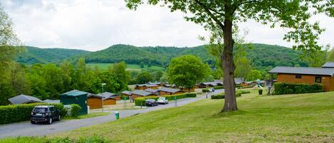 A residential area with houses, a tree, and a road.