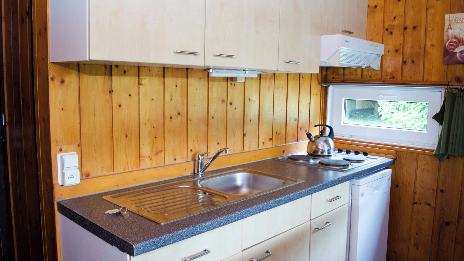 A compact kitchen with wooden paneling, a sink, stove, and a window with a view.