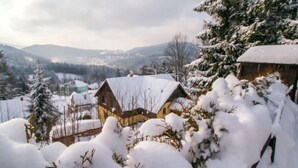 A snow-covered landscape with rustic wooden cabins and a mountainous backdrop.