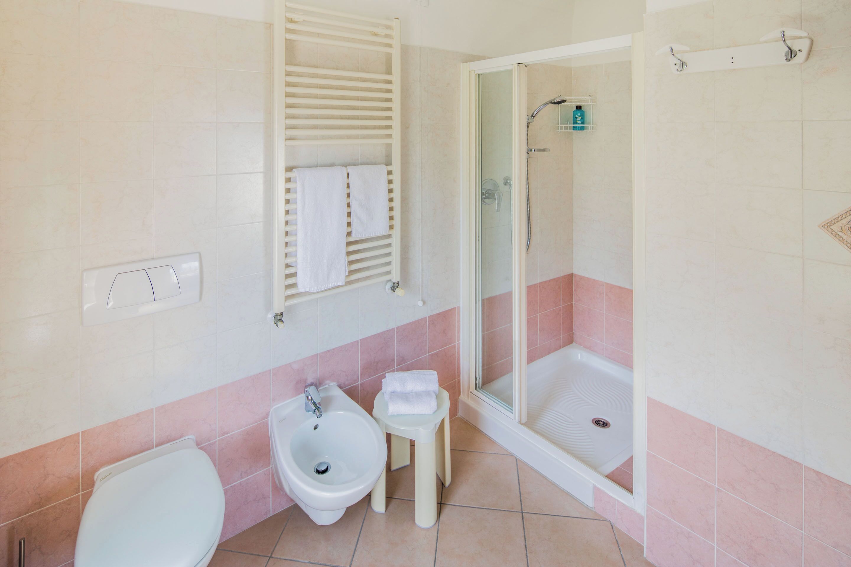Un baño con inodoro, bidé y zona de ducha.