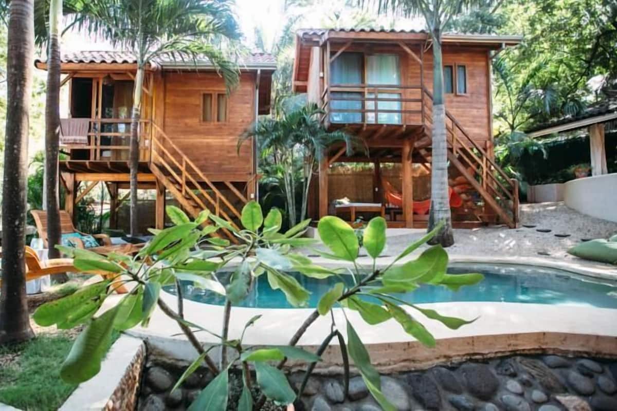 A wooden house with a pool, surrounded by palm trees and greenery.