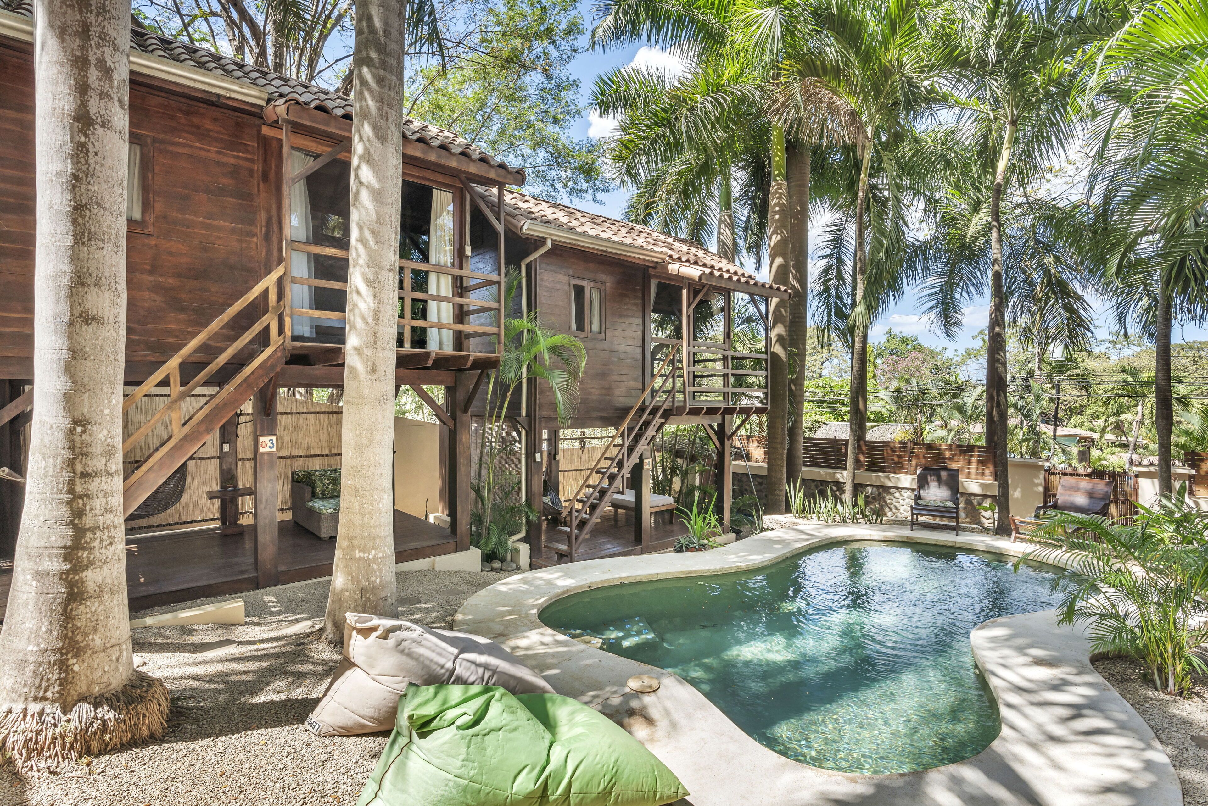 A wooden house with a pool, surrounded by palm trees and a clear sky.