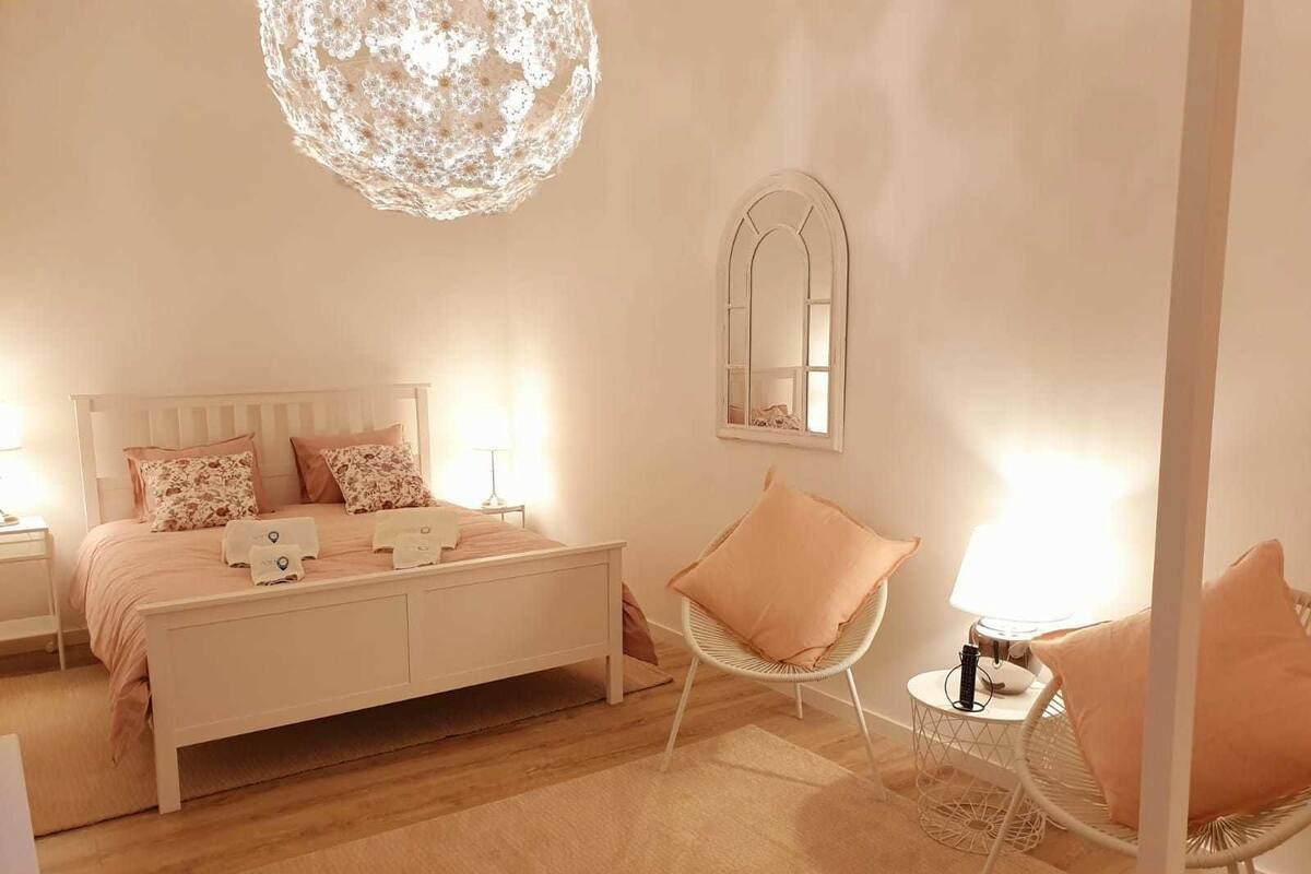 Individually decorated, desk, laptop workspace, iron/ironing board