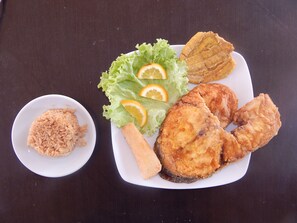 Breakfast, lunch, dinner served; local cuisine