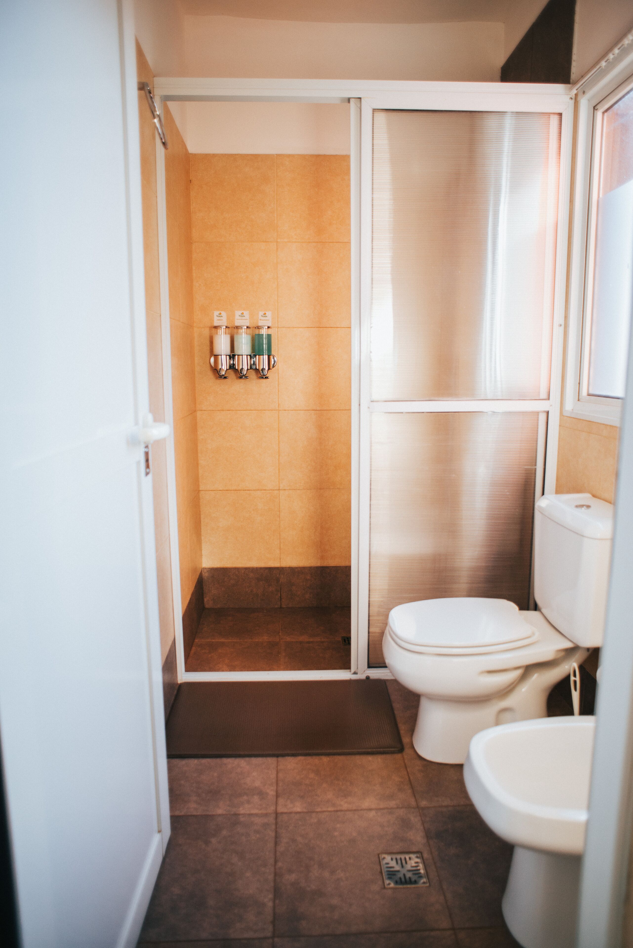 Une salle de bain avec douche, toilettes et lavabo.