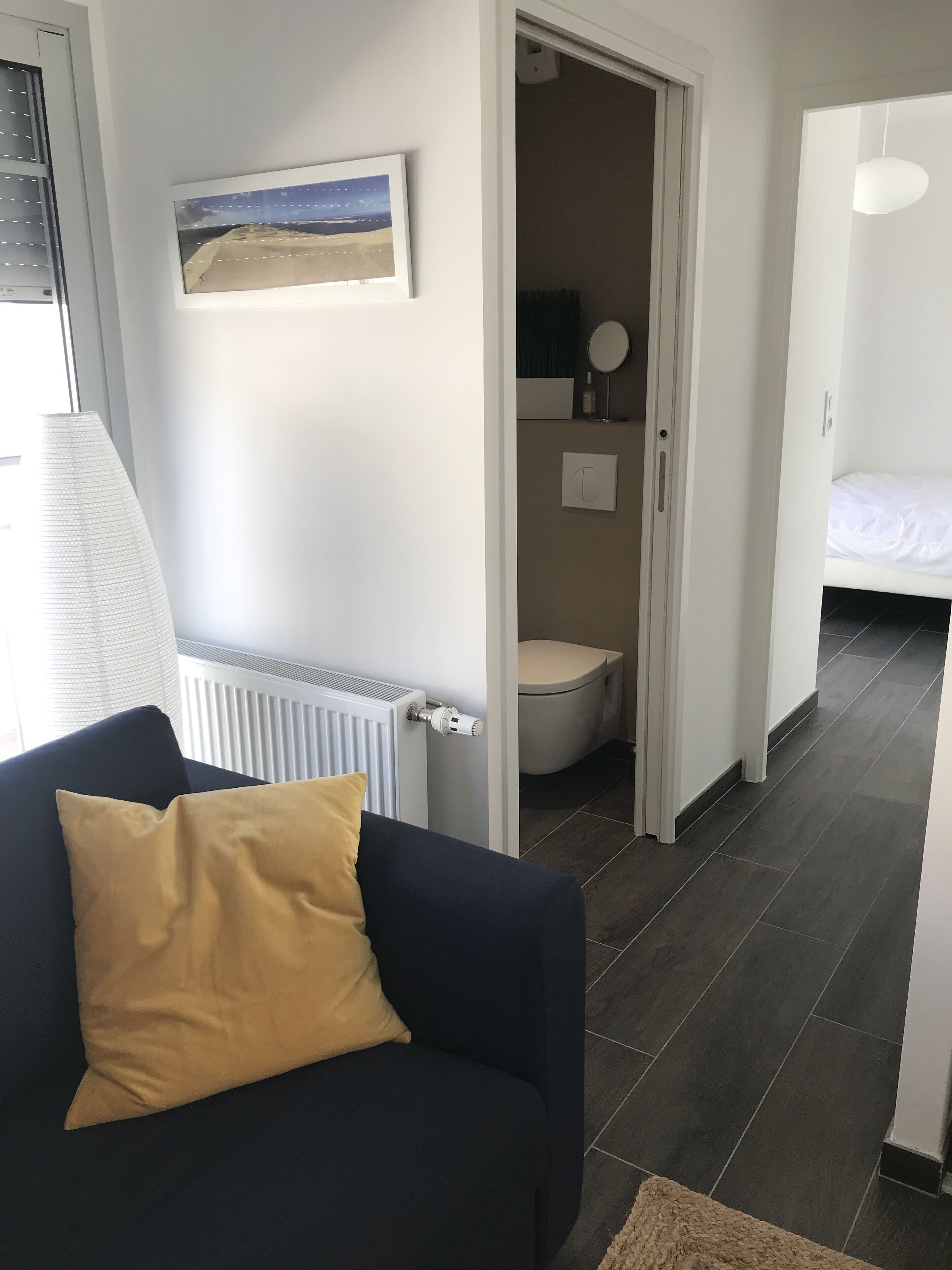 Una habitació amb un sofà blau fosc, un coixí groc, un radiador, un quadre amb marc a la paret, un vàter i un llit a l'habitació propera.