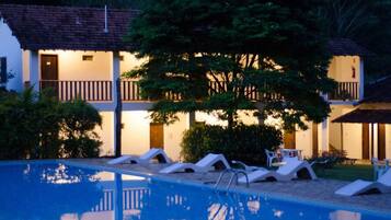 Outdoor pool, pool umbrellas, pool loungers