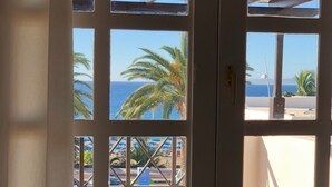 A door with multiple windows offering views of palm trees and a beach.