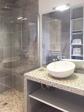 Hair dryer, towels, soap, toilet paper