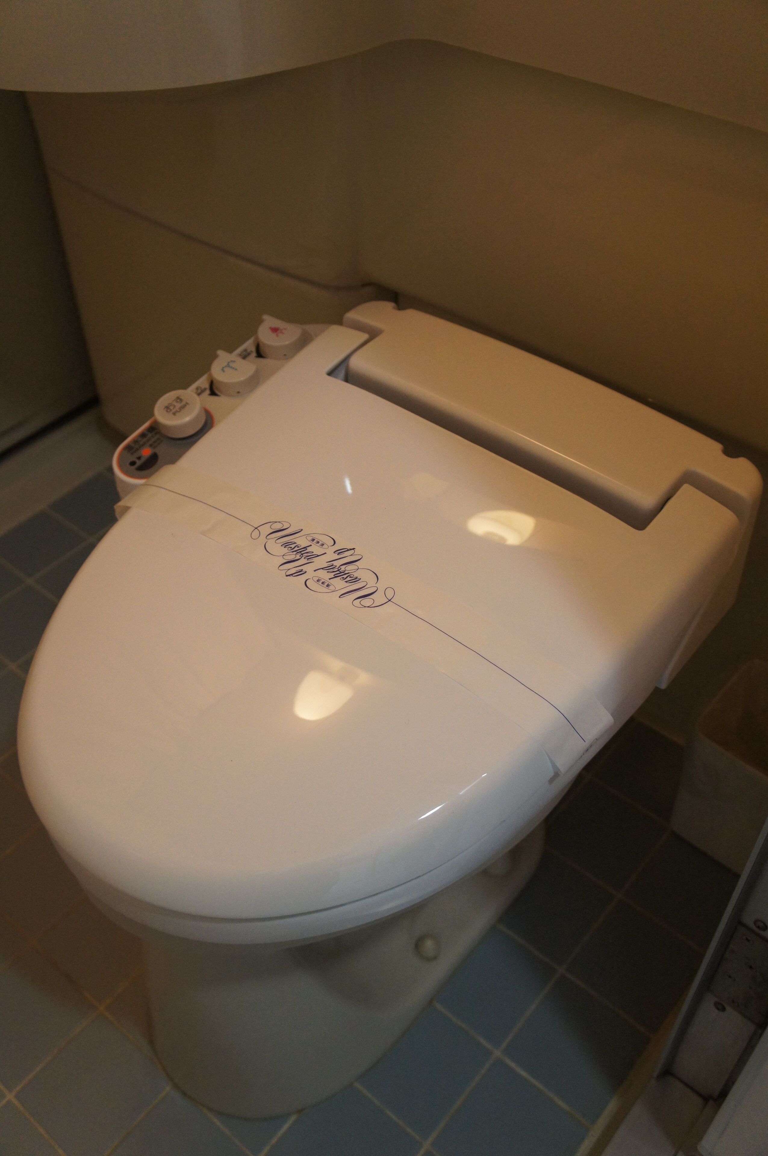 A toilet with a lid that has a design and a flush handle.