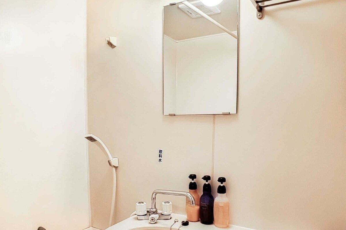A modern bathroom with a white sink, a handheld showerhead, a toilet, and a mirror.