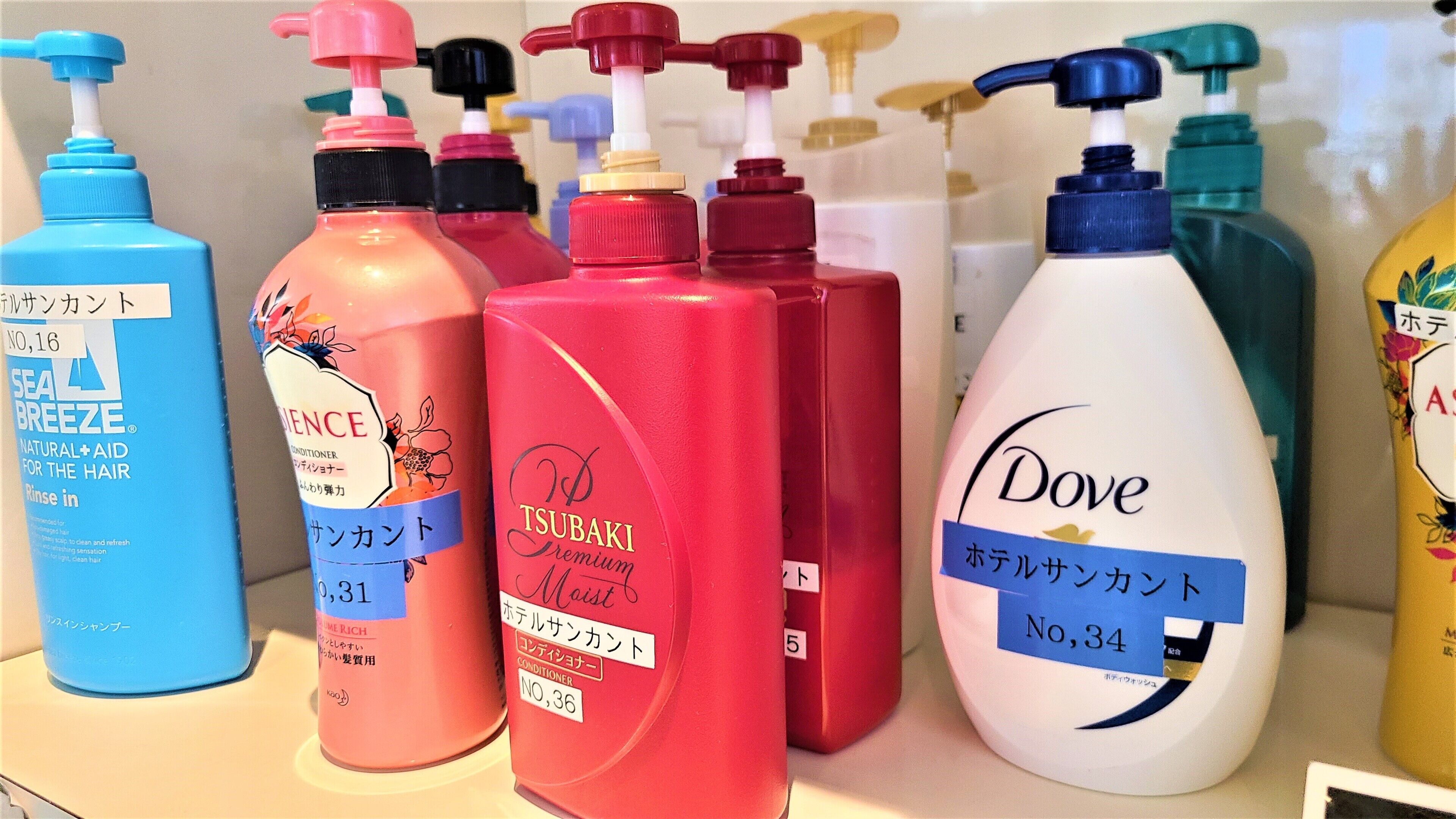 A display of various hair care products with pumps, including brands like Sea Breeze and Dove.