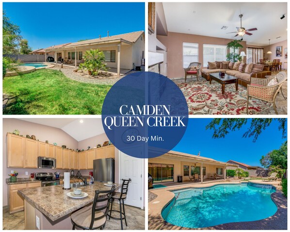 Enjoy a spacious backyard with a swimming pool and covered patio, a modern kitchen, cozy living room, and dining area with a large window overlooking the yard.