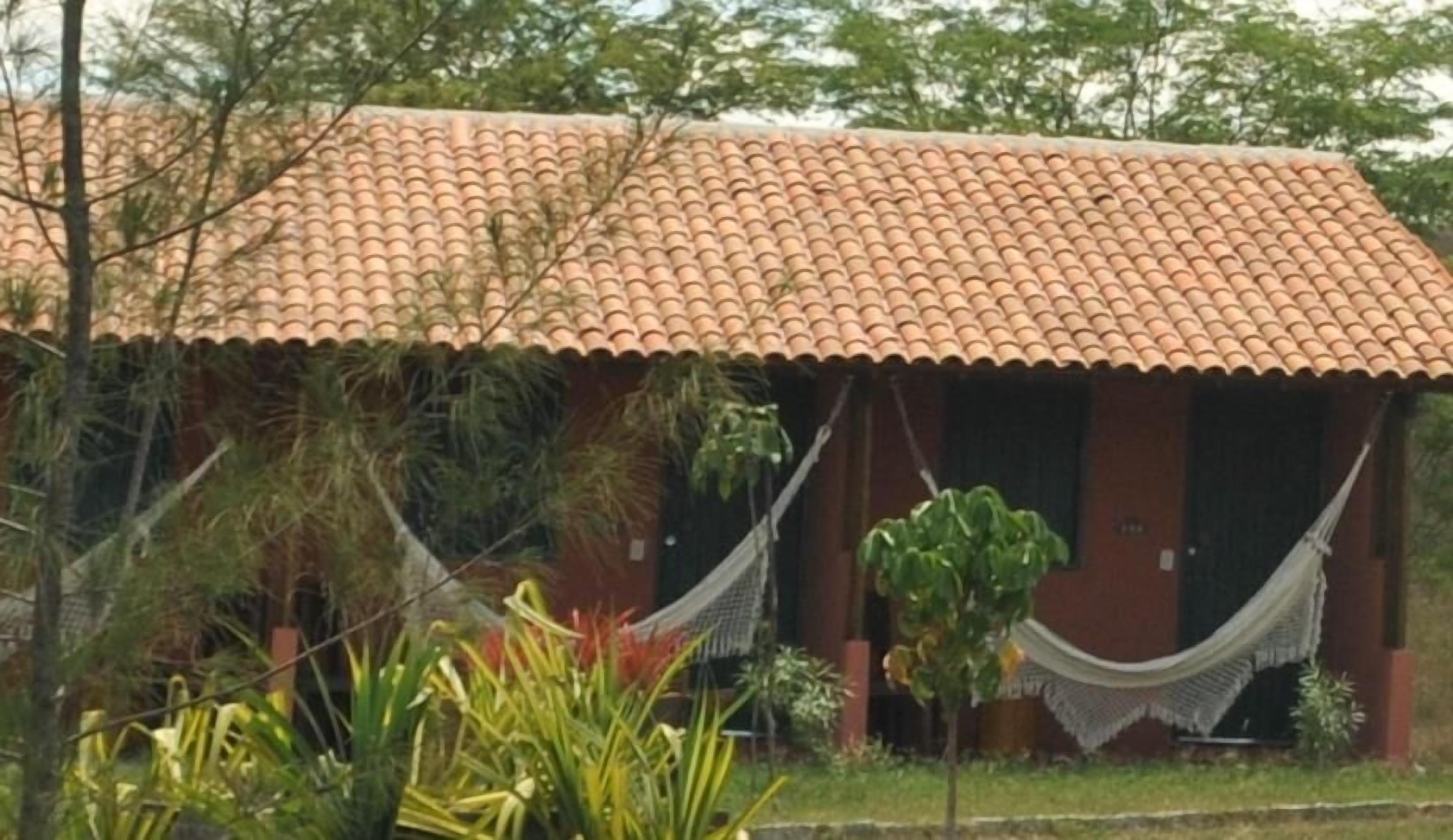Um edifício com telhado de telhas, uma rede e uma pequena árvore.