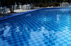 Outdoor pool, pool umbrellas, pool loungers
