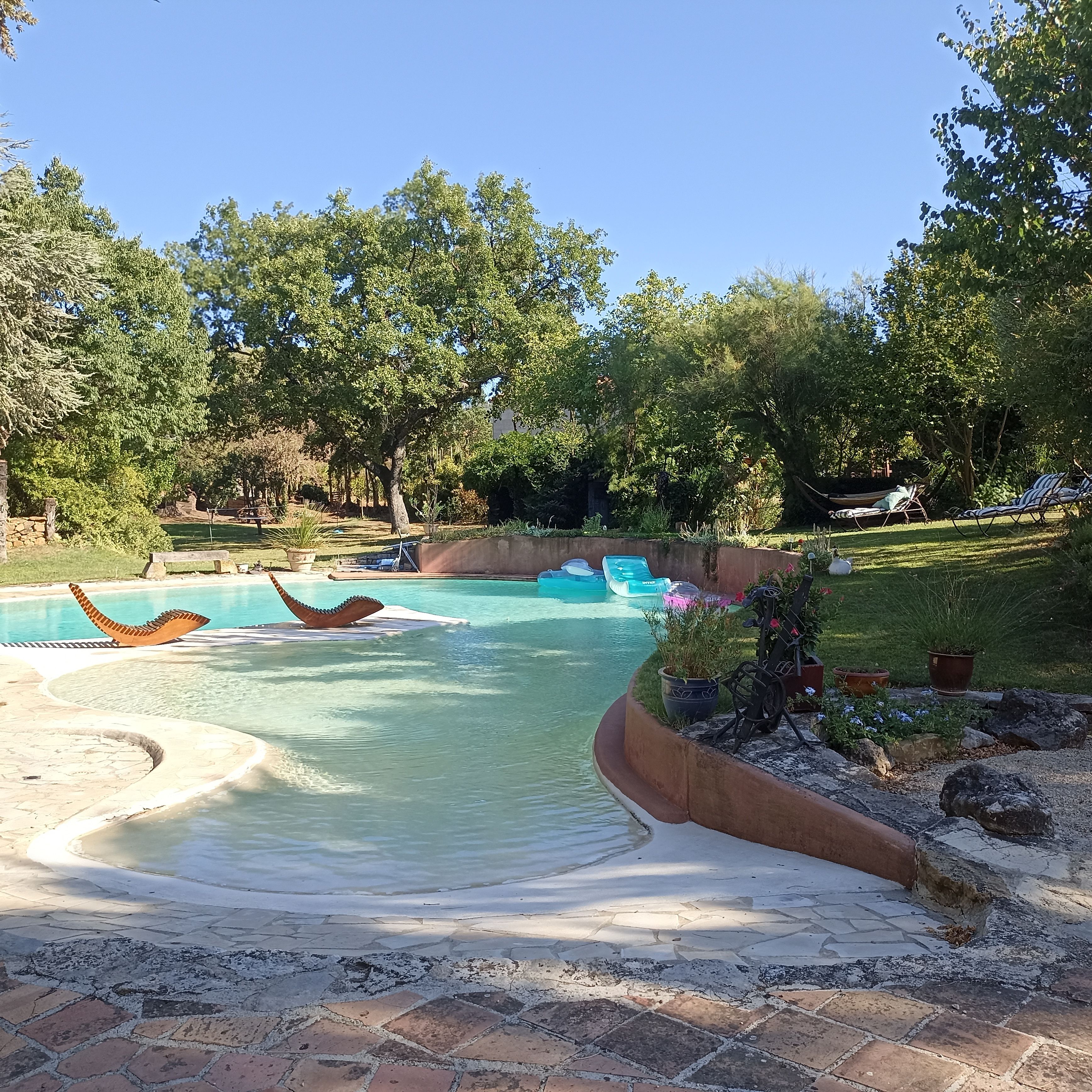 Una piscina de diseño curvo, rodeada por un borde de piedra y una zona verde con árboles.
